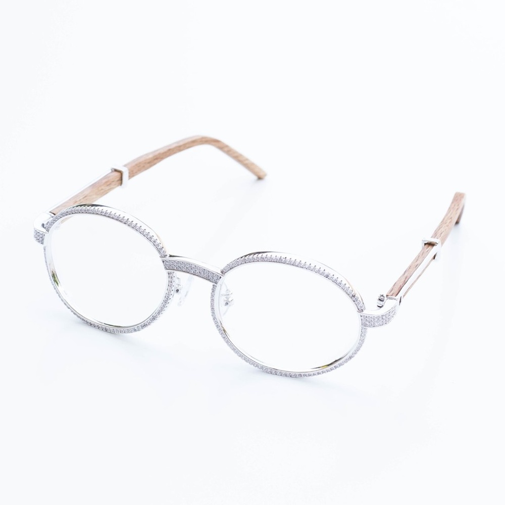 Vintage White Gold Clear Lens Wood Grain Cz Iced